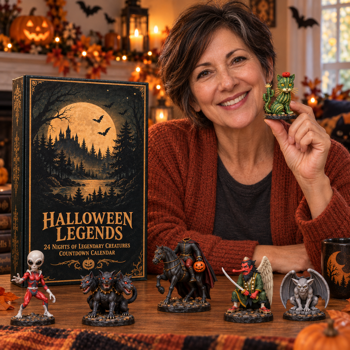 A woman holding the cactus cat miniature beside the Halloween Legends gift box in an autumn home setting