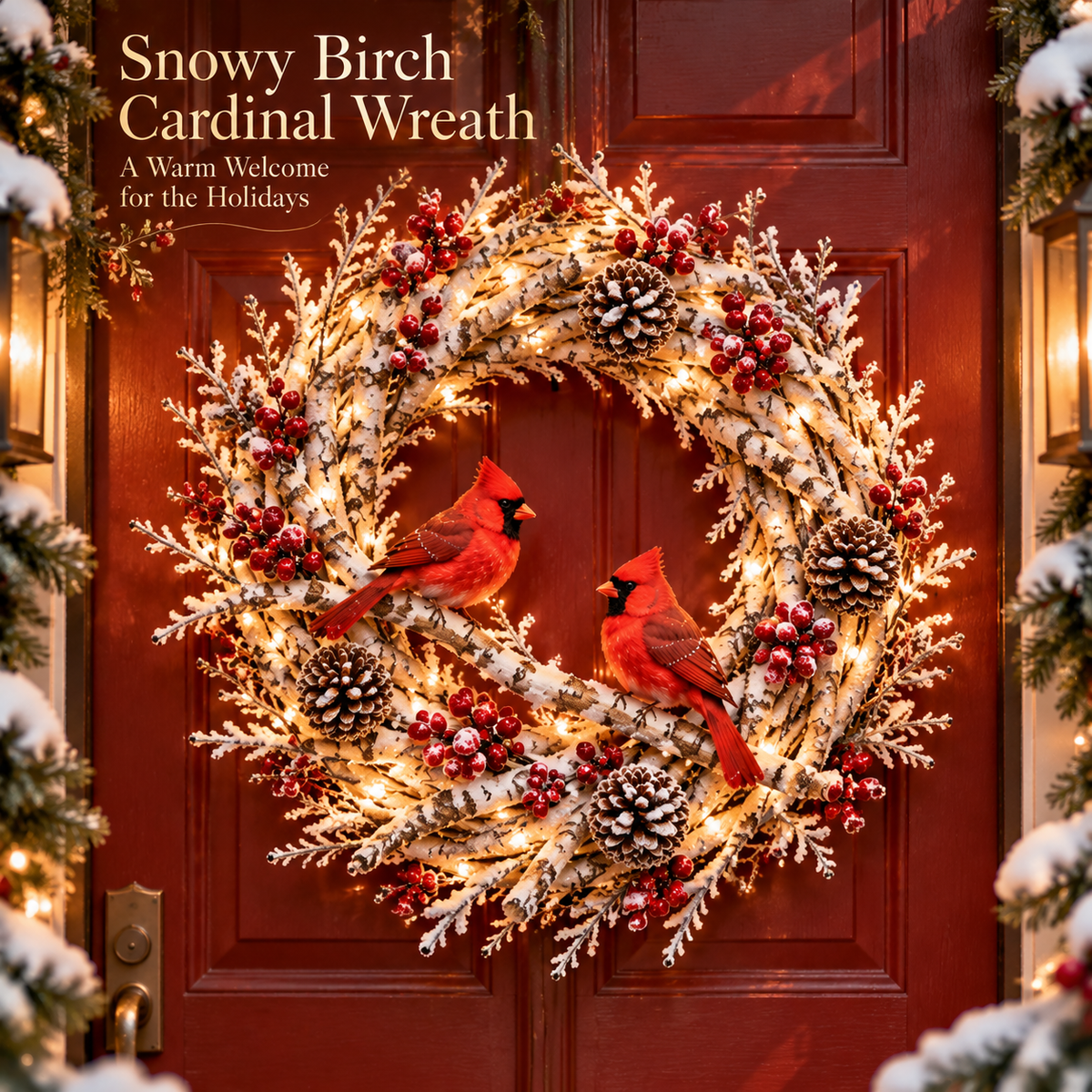 🔥❤️Frosted Woodland Cardinal Wreath – Festive Illuminated Entryway Decor