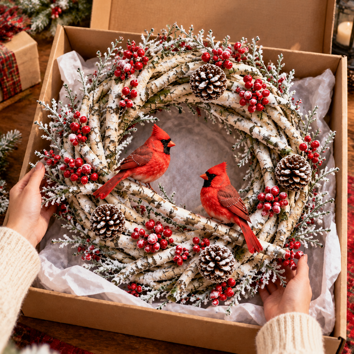 Cardinal wreath being lifted from a Christmas gift box
