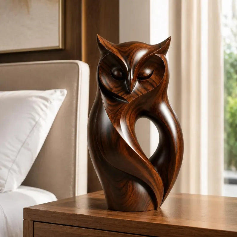 🔥100% Hand-Carved from Solid Wood-🐱Walnut Wood Owl Sculpture(✨Rustic Feline Home Decor Sculpture)