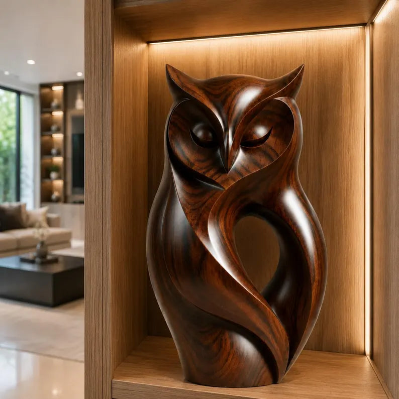 🔥100% Hand-Carved from Solid Wood-🐱Walnut Wood Owl Sculpture(✨Rustic Feline Home Decor Sculpture)