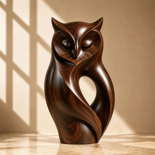 🔥100% Hand-Carved from Solid Wood-🐱Walnut Wood Owl Sculpture(✨Rustic Feline Home Decor Sculpture)