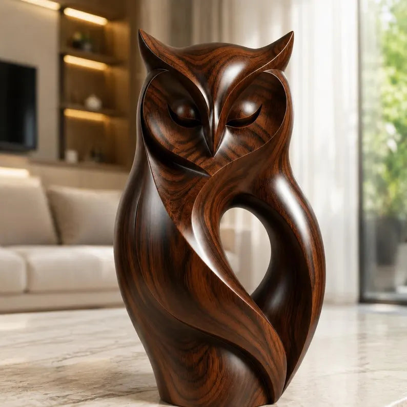 🔥100% Hand-Carved from Solid Wood-🐱Walnut Wood Owl Sculpture(✨Rustic Feline Home Decor Sculpture)