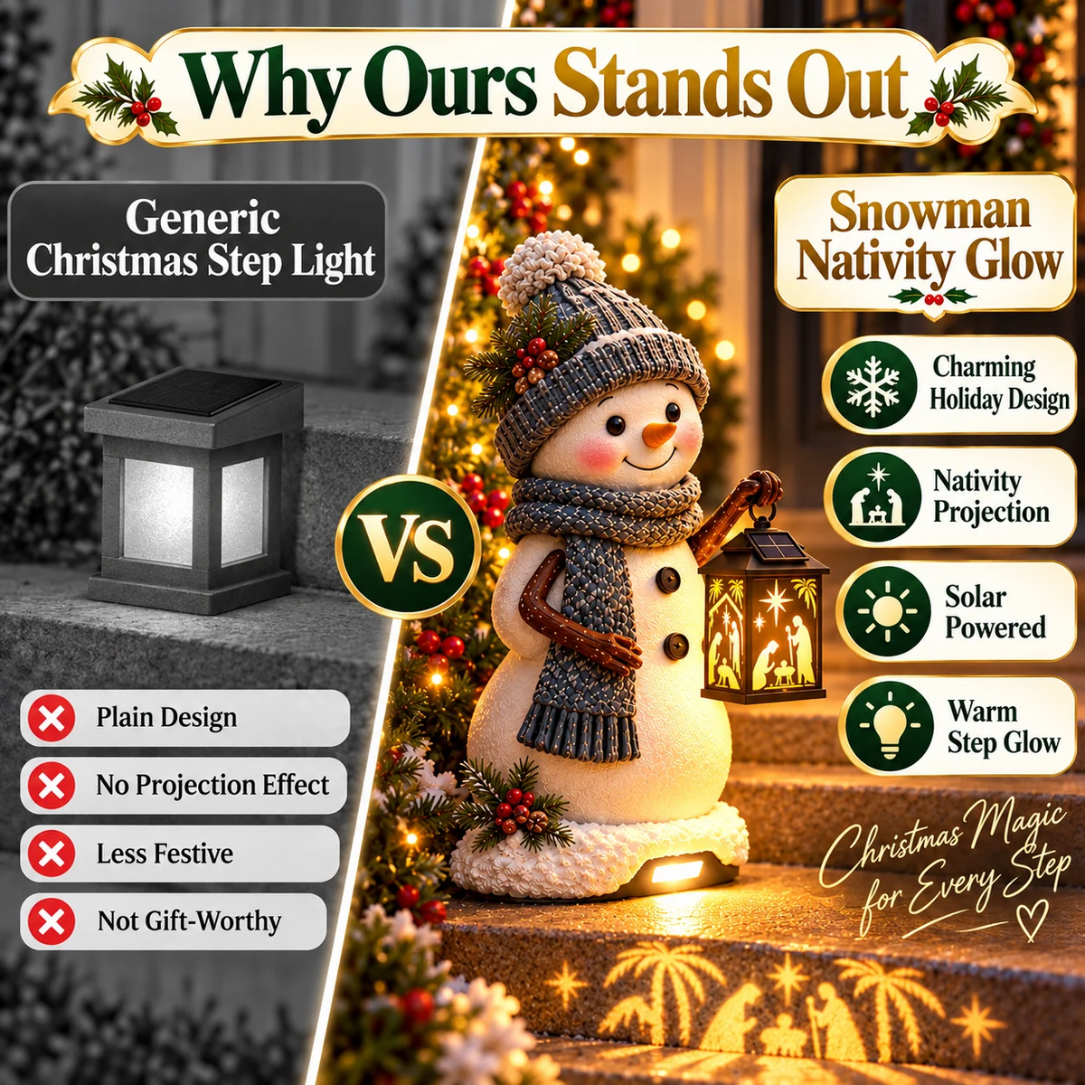 ⛄ Last Day 49% Snowman Nativity Glow™✨ – Solar Christmas Step Light with Holy Family Projection