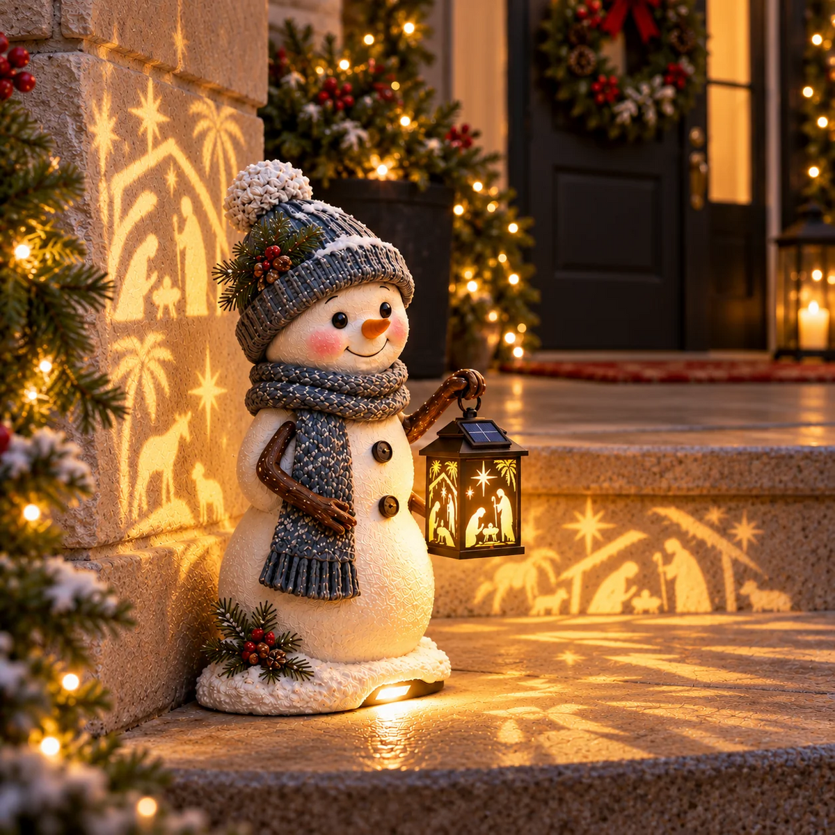 ⛄ Last Day 49% Snowman Nativity Glow™✨ – Solar Christmas Step Light with Holy Family Projection