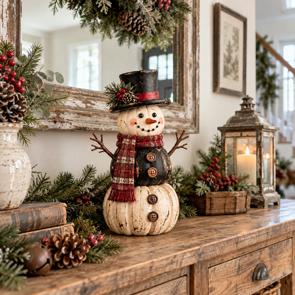 ☃️ Vintage Pumpkin Snowman Duo – Rustic Black & Ivory Farmhouse Christmas Figurines