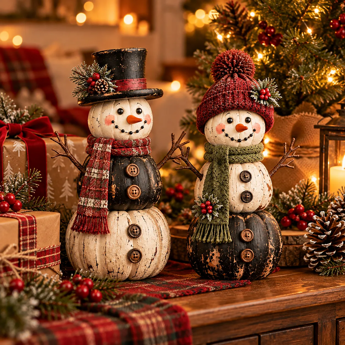 ☃️ Vintage Pumpkin Snowman Duo – Rustic Black & Ivory Farmhouse Christmas Figurines