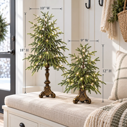 Size guide: large tree approximately 18 inches high by 10 inches wide; small tree approximately 12 inches high by 9 inches wide