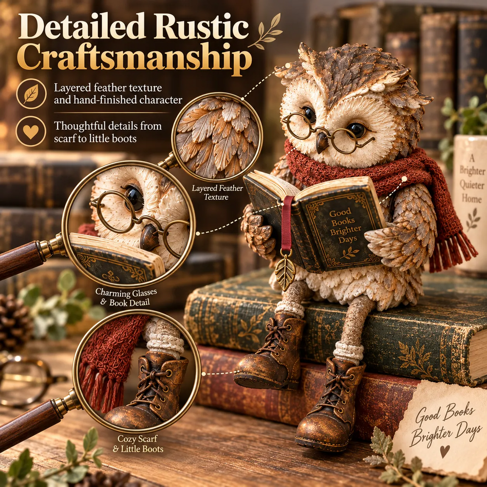 Close-up view of the reading owl figurine showing its feather texture, glasses, book, scarf, and boots