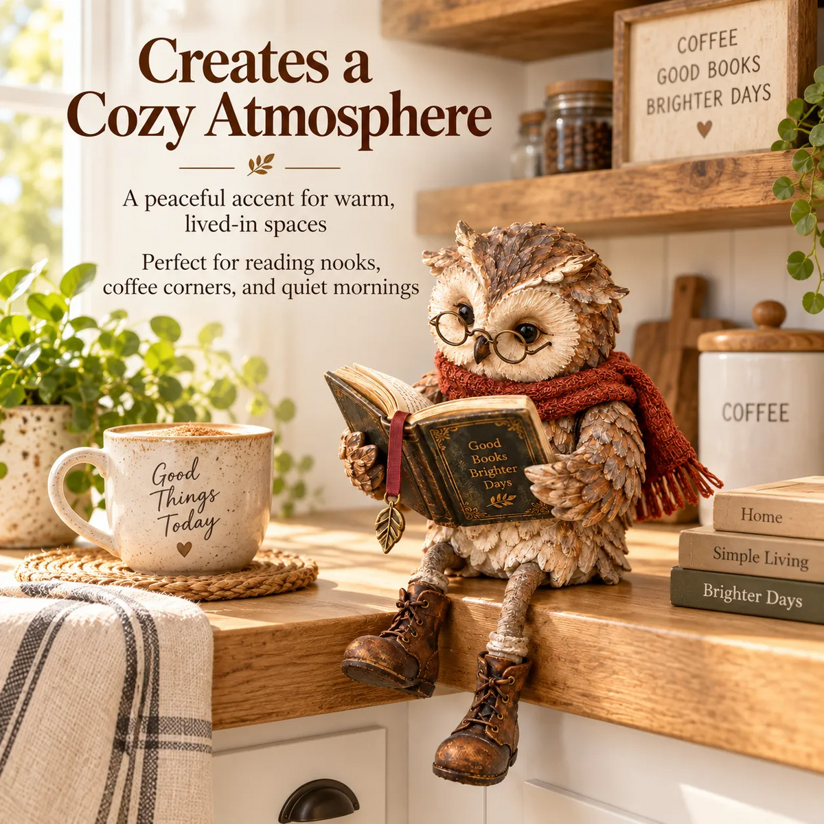 Reading owl figurine creating a cozy accent in a warm book-filled room