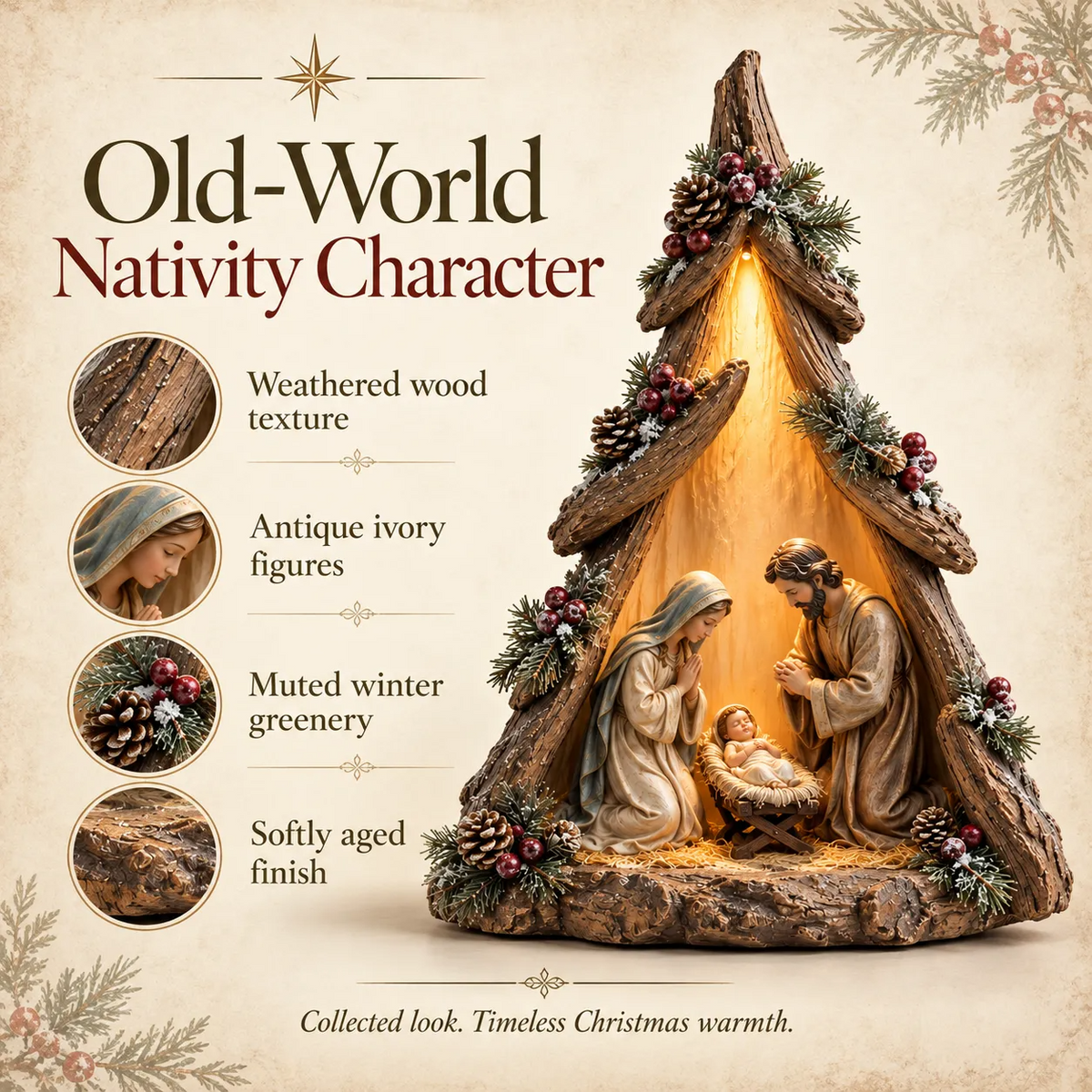 Old-World Lighted Nativity Trees