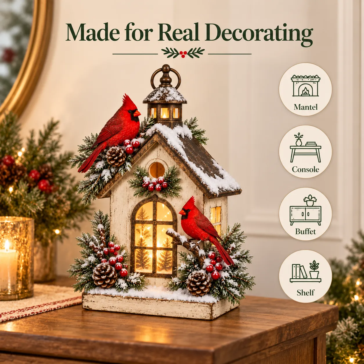 Cardinal Cottage Lantern showing mantel, console, buffet and shelf decorating ideas