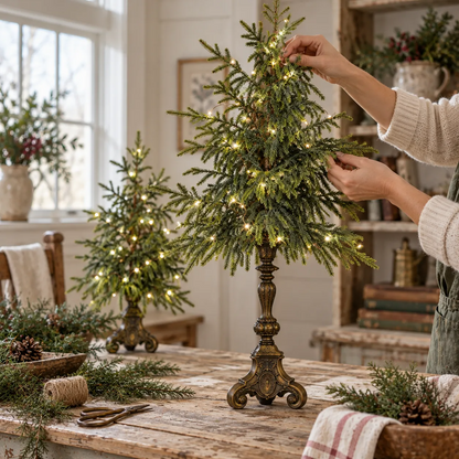 Hands arranging the softly cascading branches of a vintage Norfolk pine tree