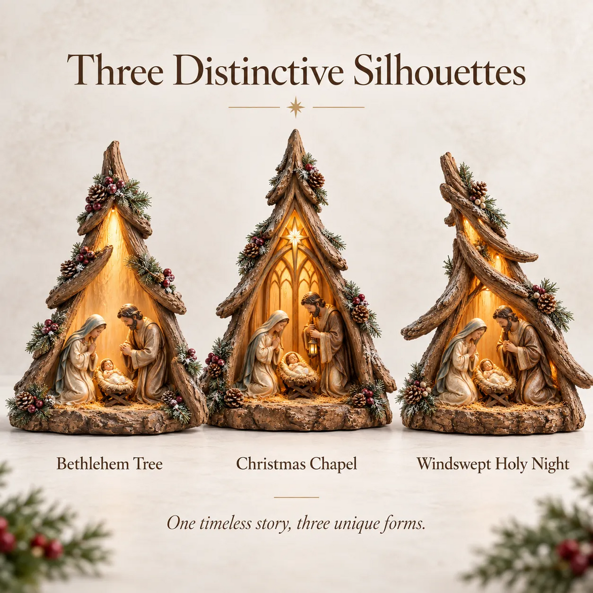Old-World Lighted Nativity Trees