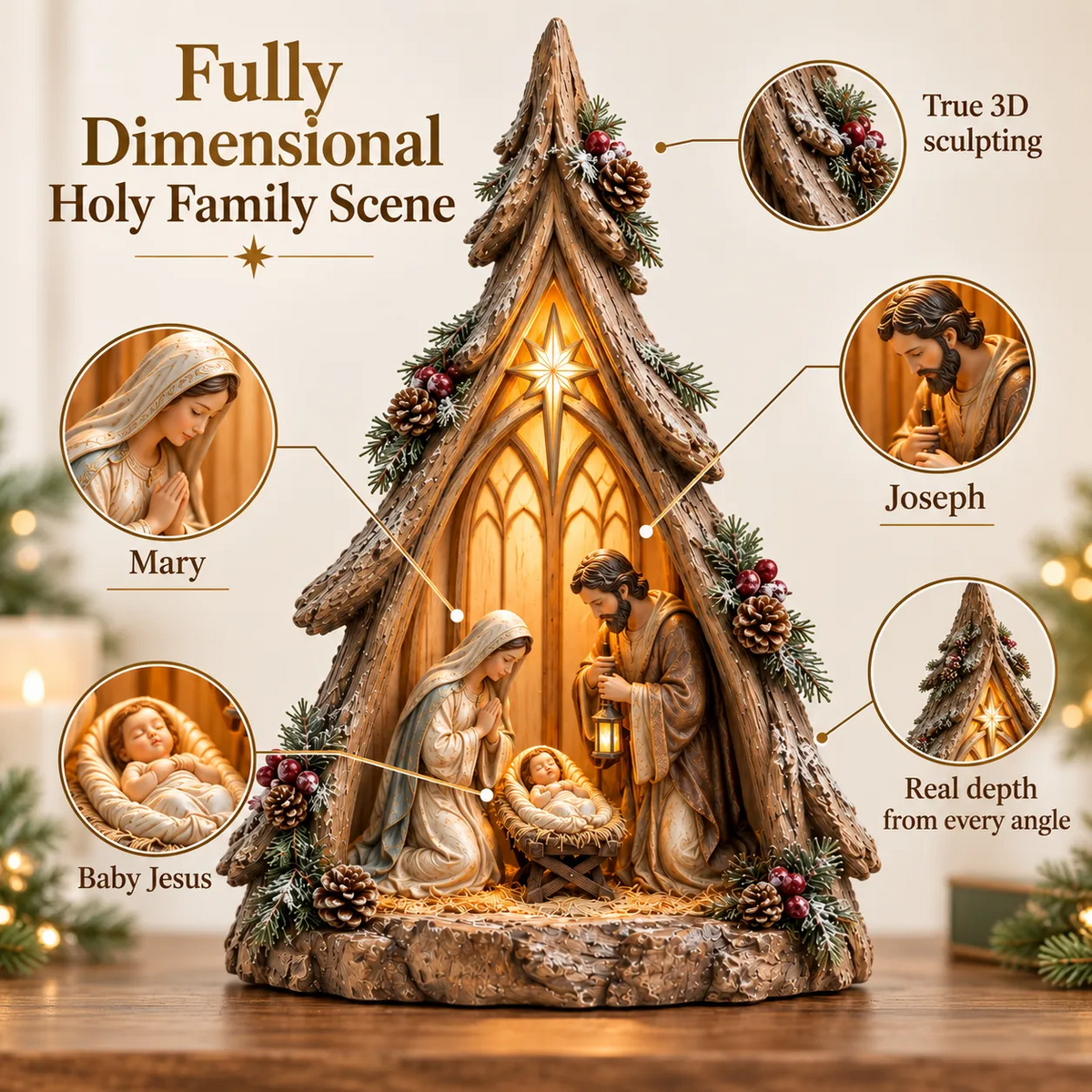 Old-World Lighted Nativity Trees