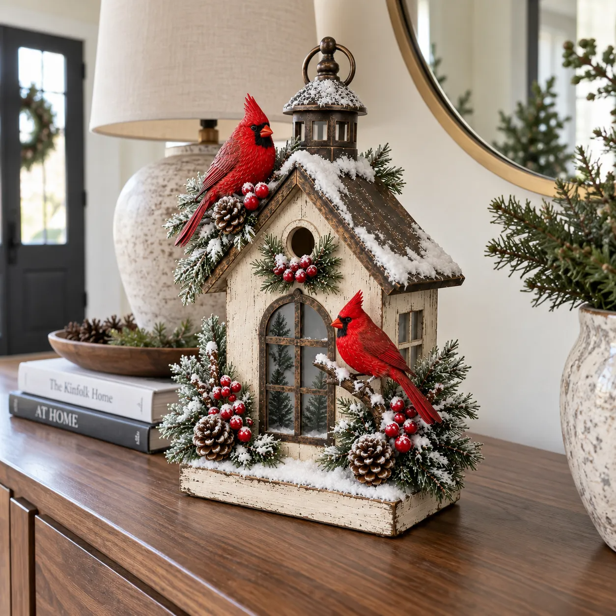 Cardinal Cottage Lantern displayed on an entryway console table