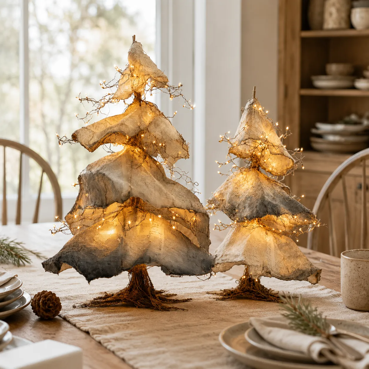 Windswept Winter Trees on a dining table in daylight