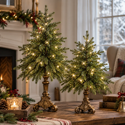 Two lighted Norfolk pine trees in a warm Christmas living room near a fireplace