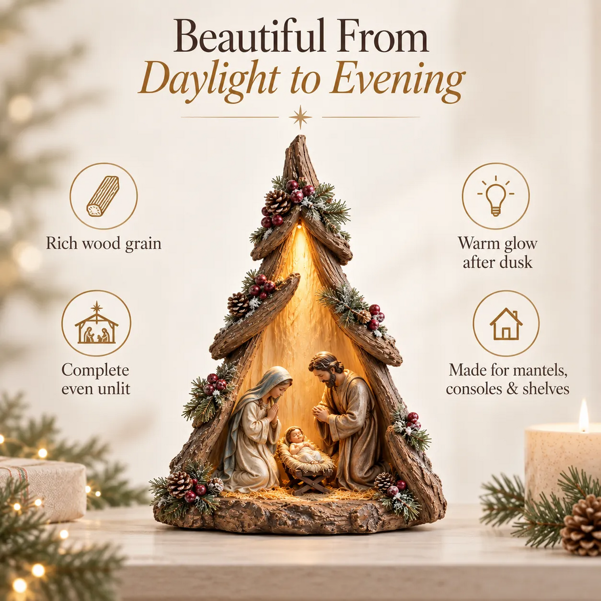 Old-World Lighted Nativity Trees
