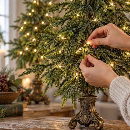 Warm white LED lights nestled among the faux pine branches