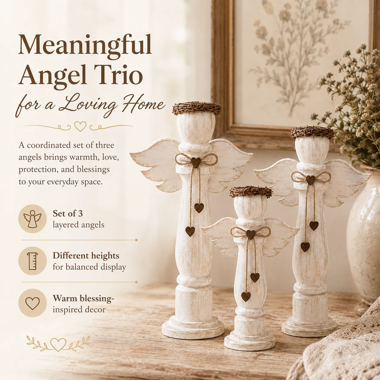 Vintage Wooden Angel Trio Figurines