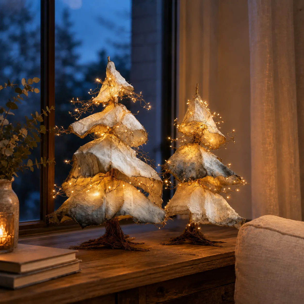 Warm Windswept Winter Trees glowing beside a window at dusk
