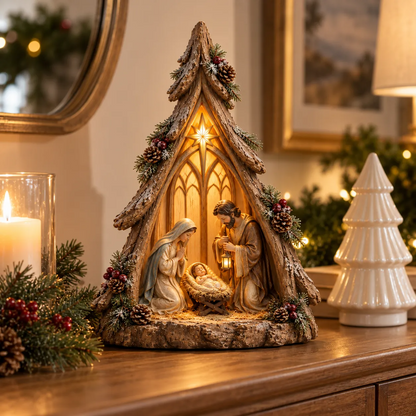 Old-World Lighted Nativity Trees