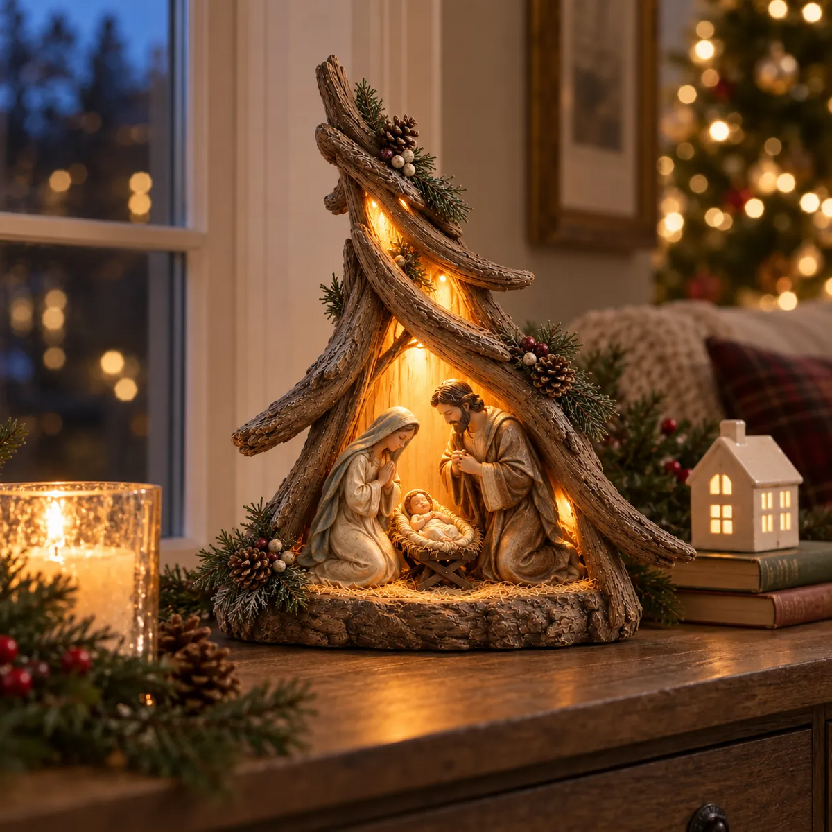 Old-World Lighted Nativity Trees