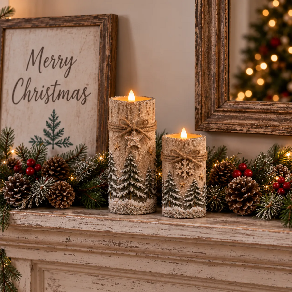 Snowy Forest vintage Christmas flameless LED candle set