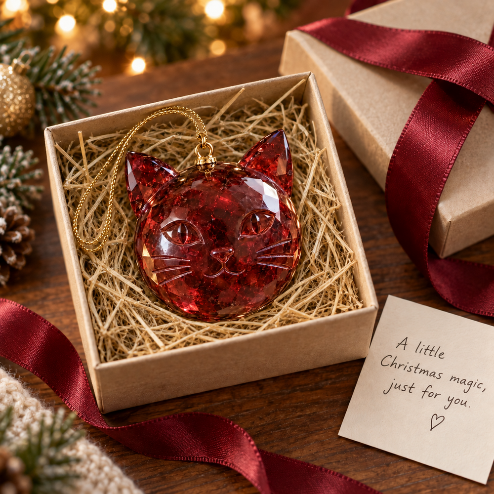 Red cat ornament styled in a gift box with straw, ribbon and a handwritten Christmas card
