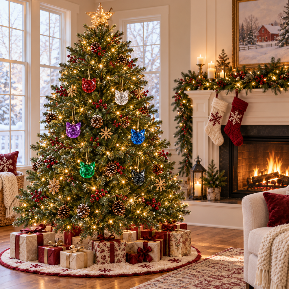 Six cat ornament colors displayed on a full Christmas tree in a festive living room