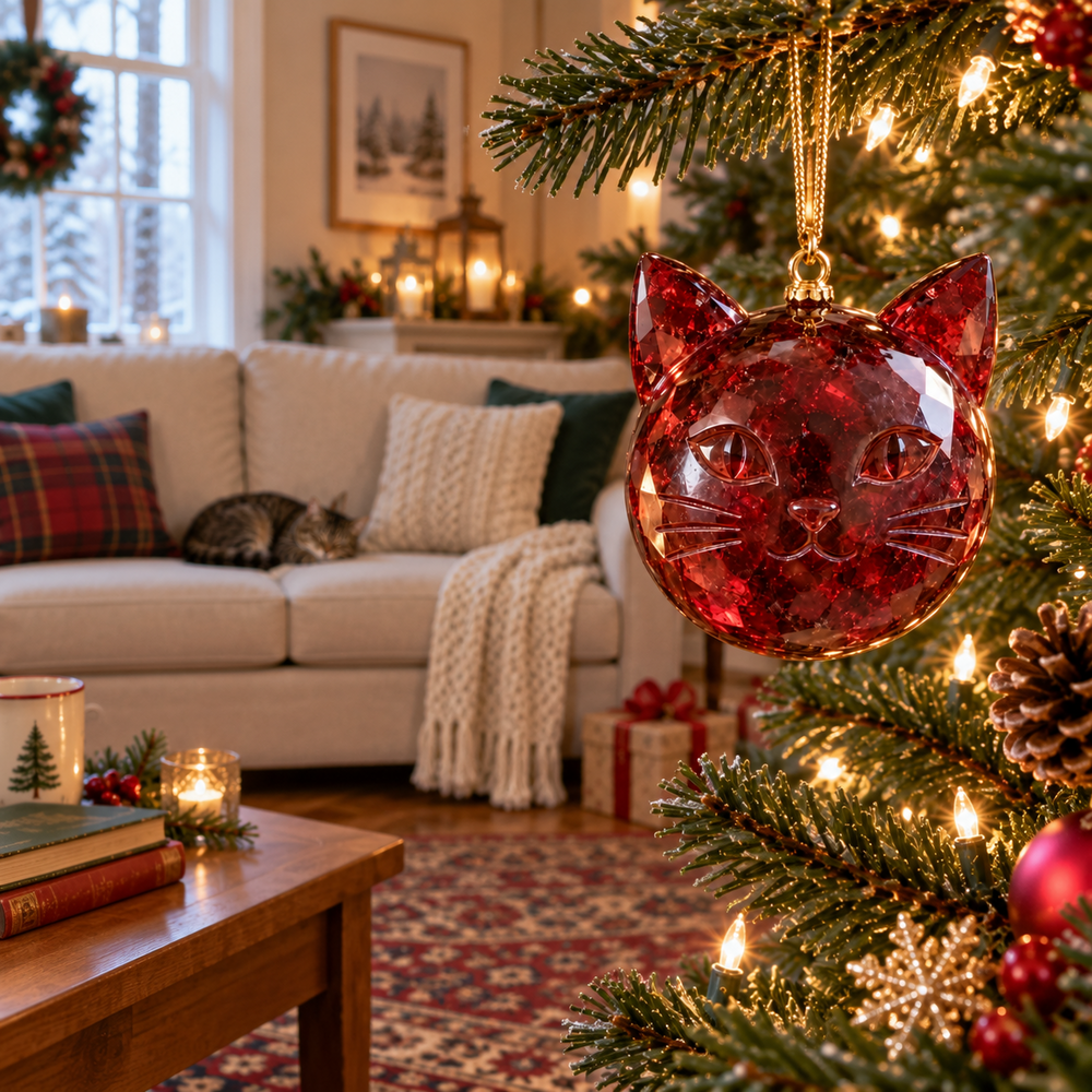 Christmas cat ornament with a real cat resting on the sofa