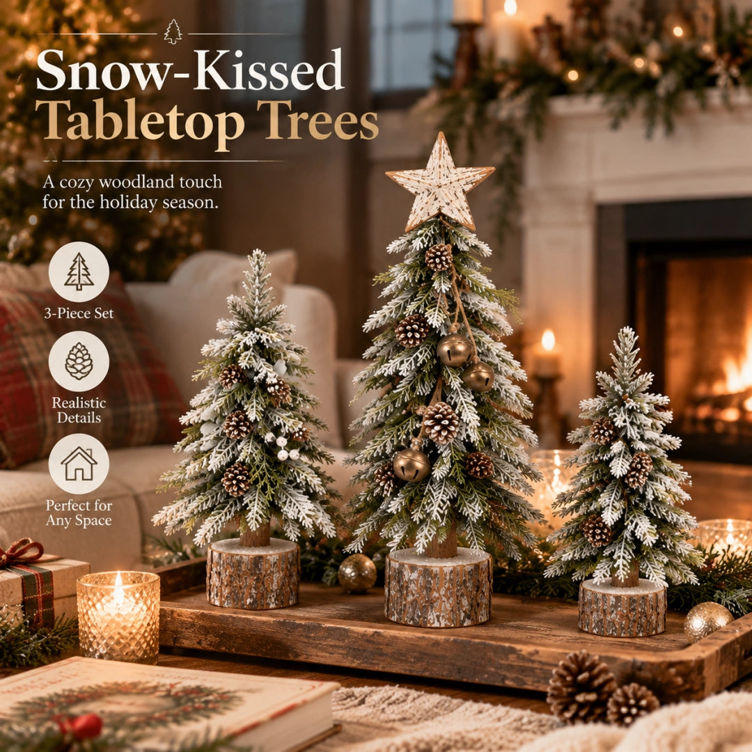 🎄Snow-Kissed Woodland Christmas Tree Trio – Tabletop Holiday Decor
