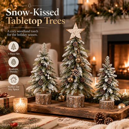 🎄Snow-Kissed Woodland Christmas Tree Trio – Tabletop Holiday Decor