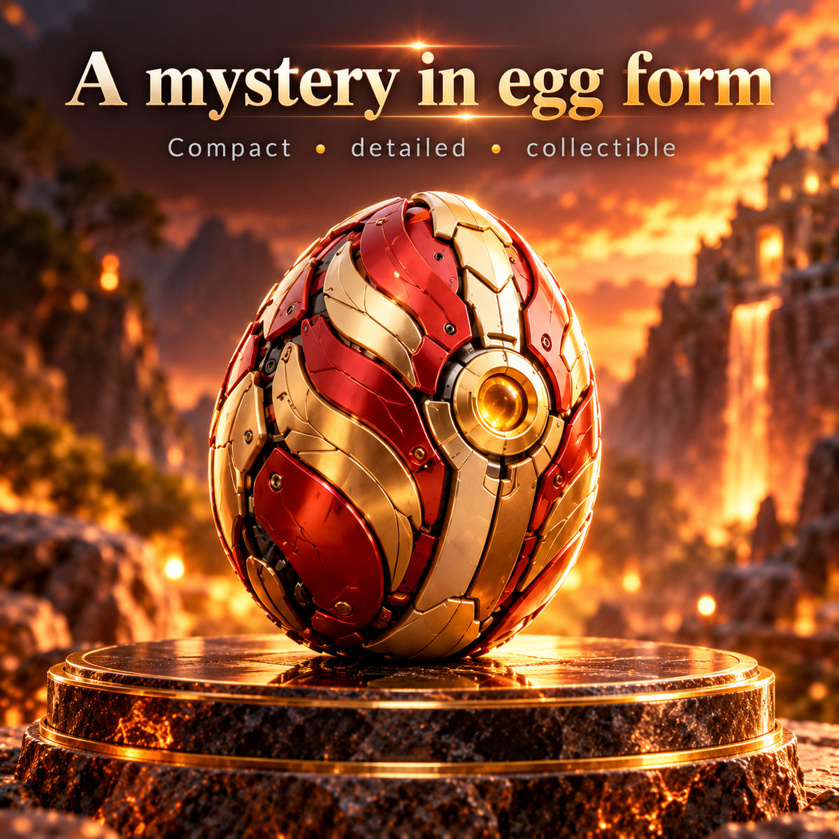 Flame Phoenix egg in red and gold with sculpted panel details.