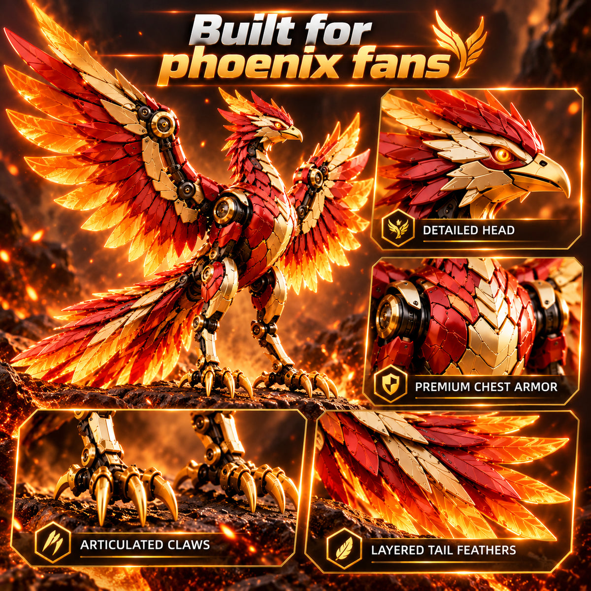 Flame Phoenix details showing its head, chest armor, claws and layered tail feathers.