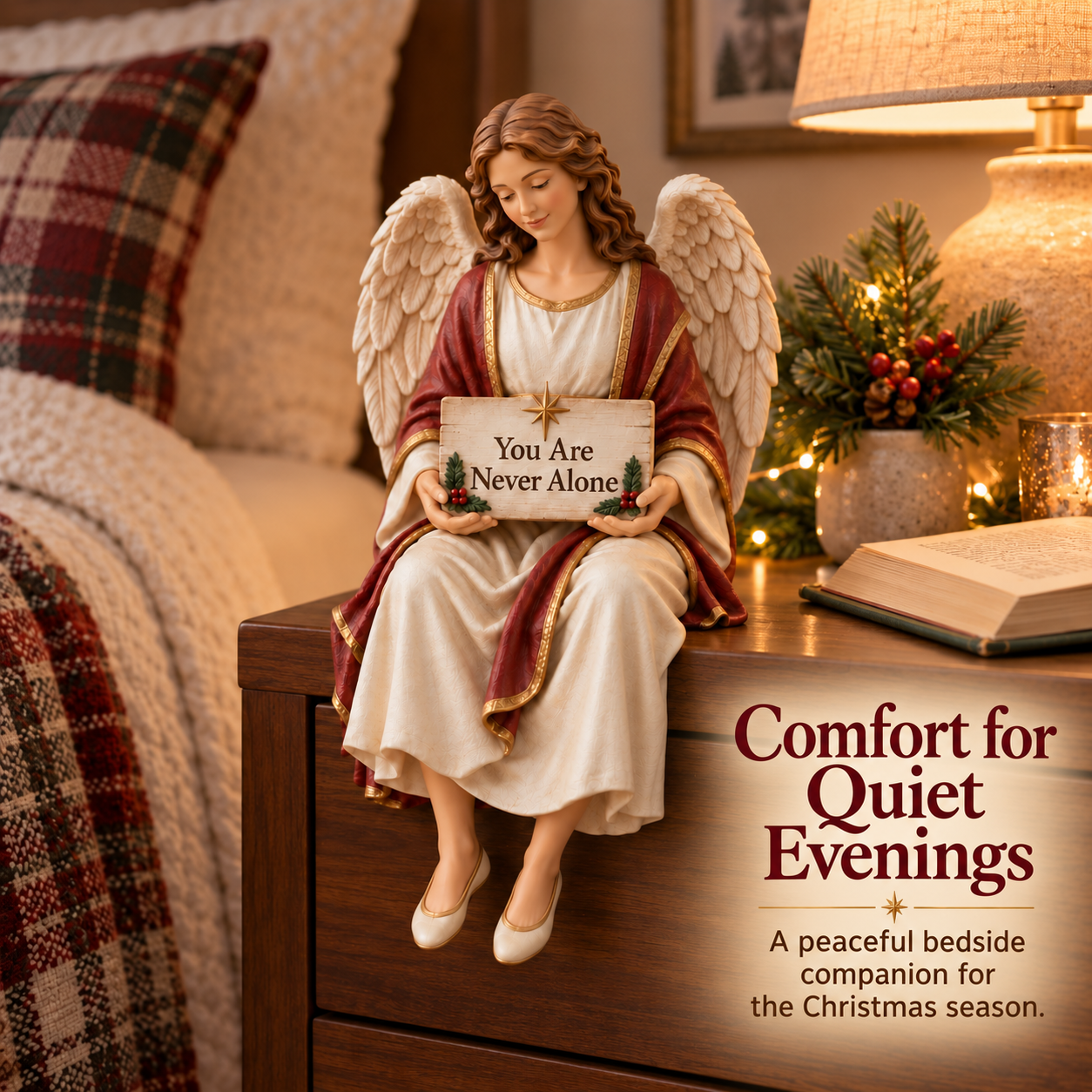 Guardian angel beside an open book and a warm bedside lamp at Christmas