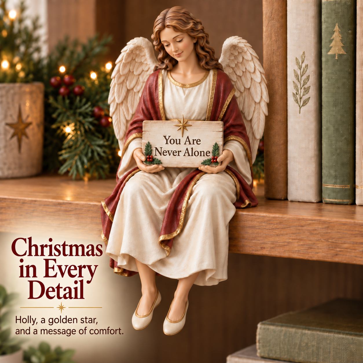 Christmas angel details showing feathered wings, holly, a gold star and a comforting message