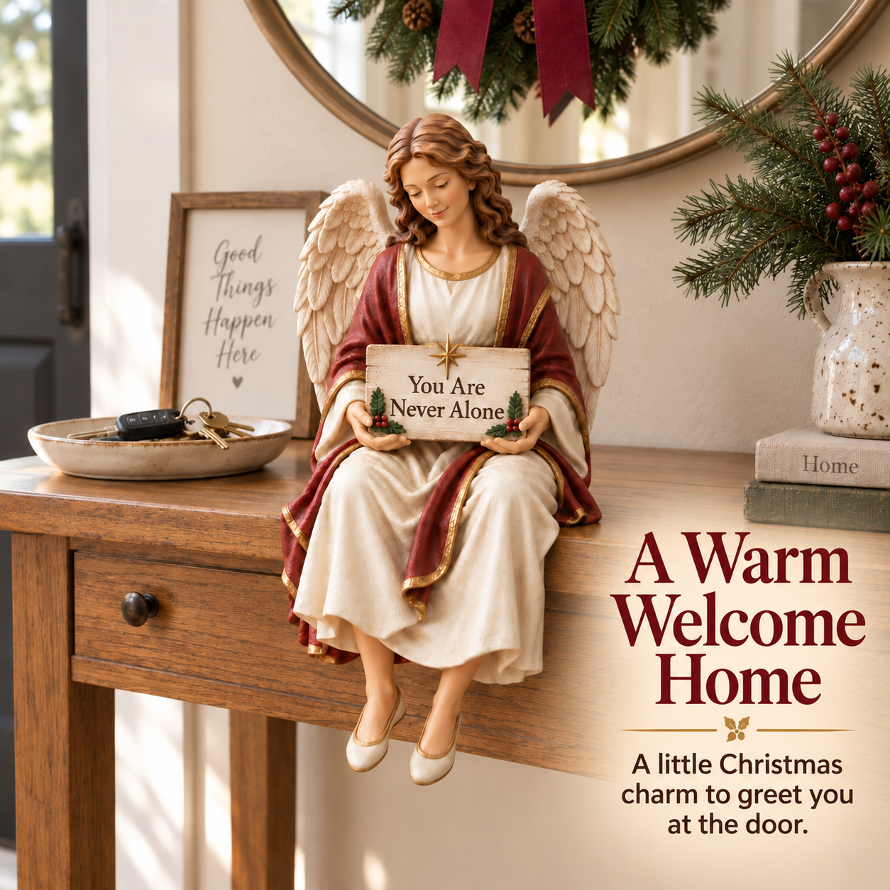 Guardian angel on a wooden entryway table with a Christmas wreath and greenery