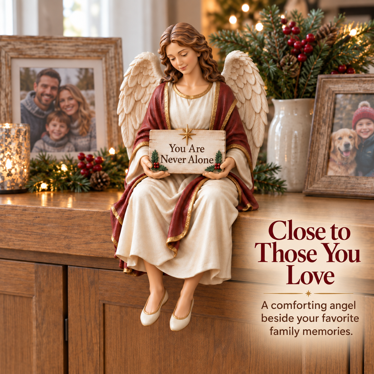 Guardian angel displayed beside cherished family photographs and Christmas greenery