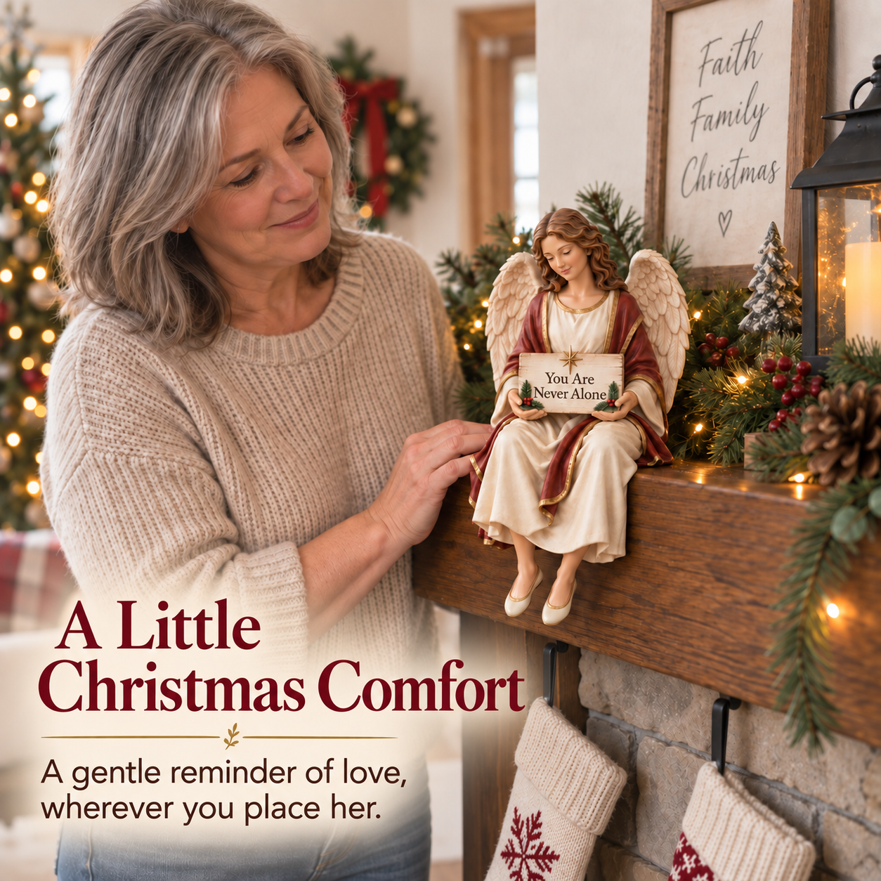 Woman arranging the guardian angel on a Christmas mantel with greenery and warm lights