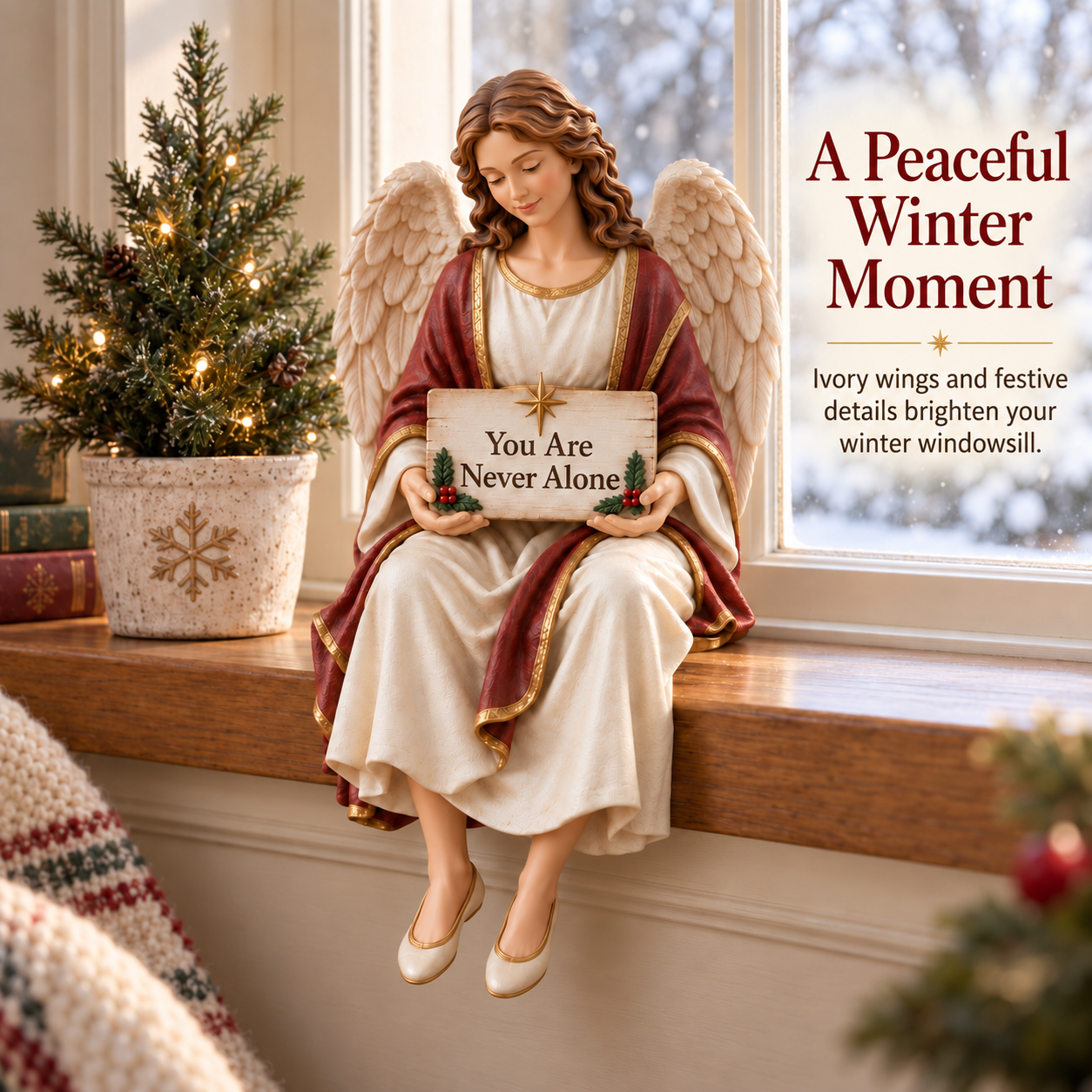 Guardian angel on an indoor windowsill beside a small Christmas tree with snow outside