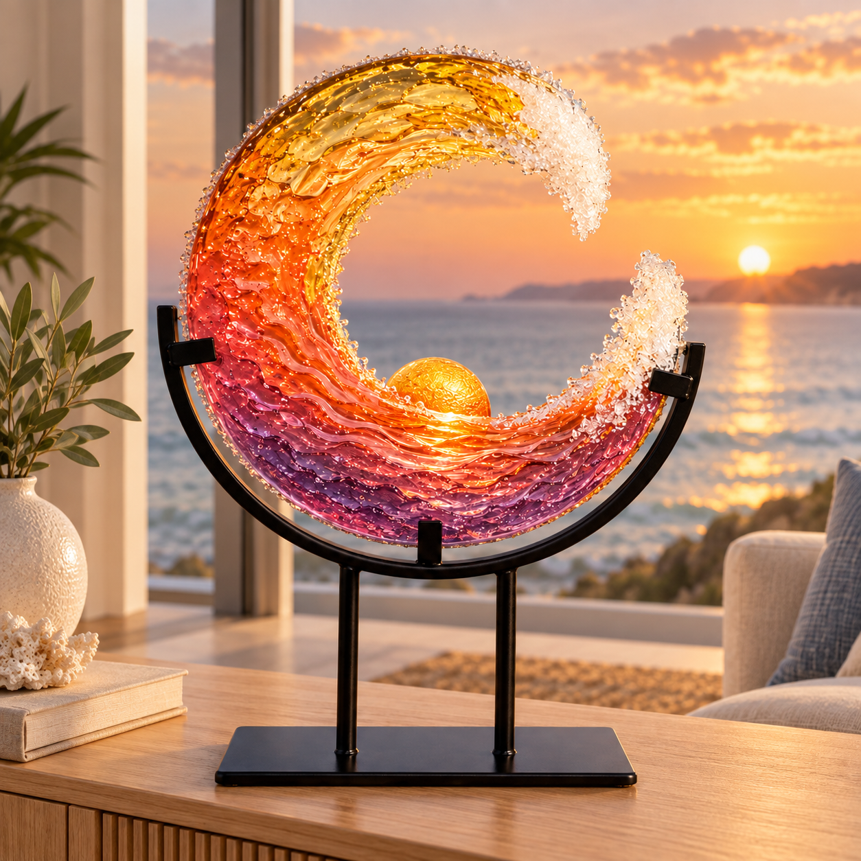 Ocean-inspired wave decor on a console table with a sunset ocean view