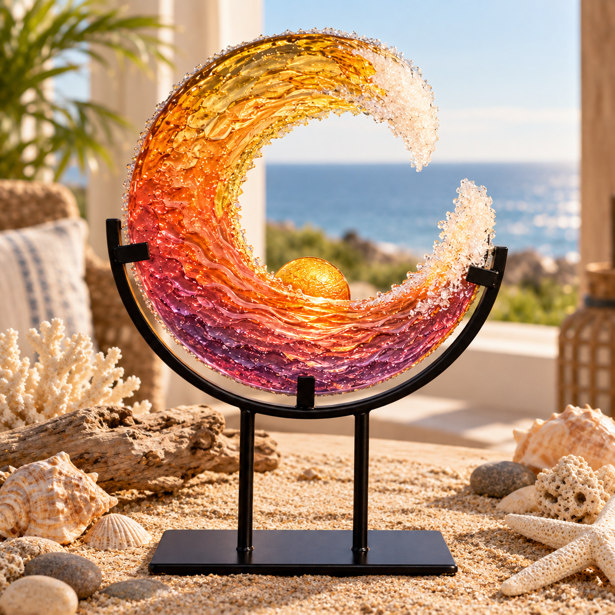 Ocean-inspired wave decor styled with driftwood, shells, and a bright beach backdrop