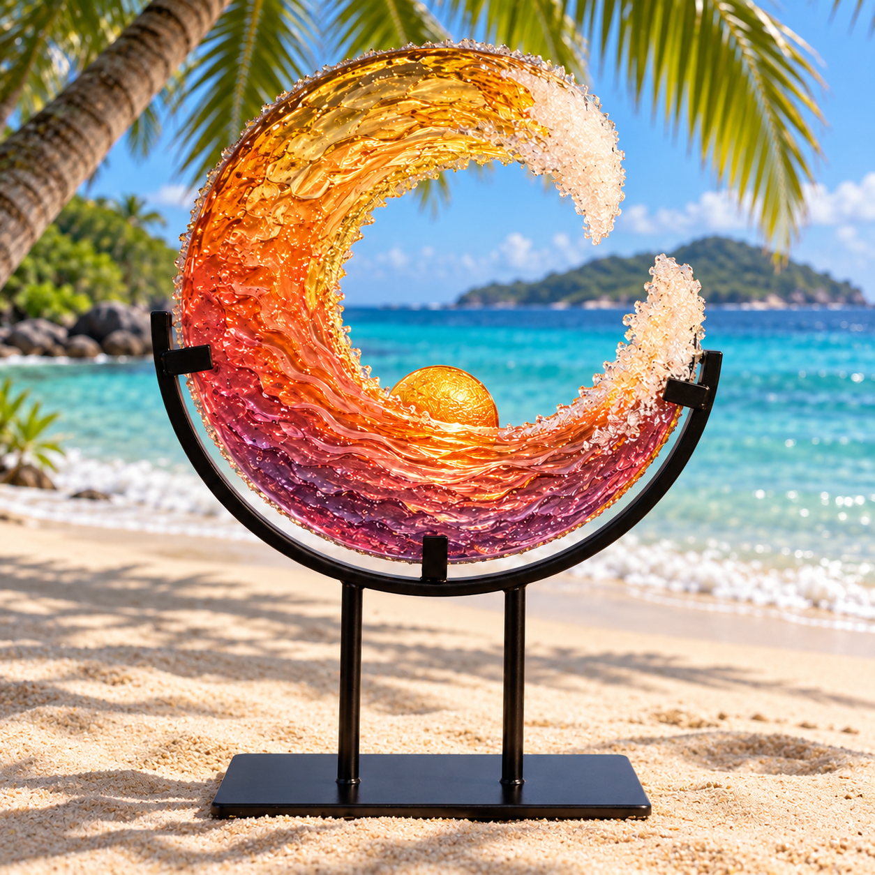 Ocean-inspired wave decor styled on a sandy beach beneath palm trees