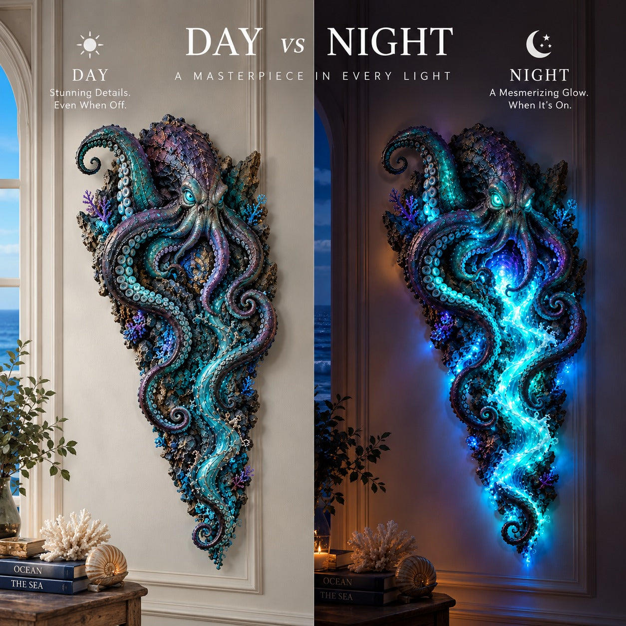 Kraken wall decor day versus night comparison