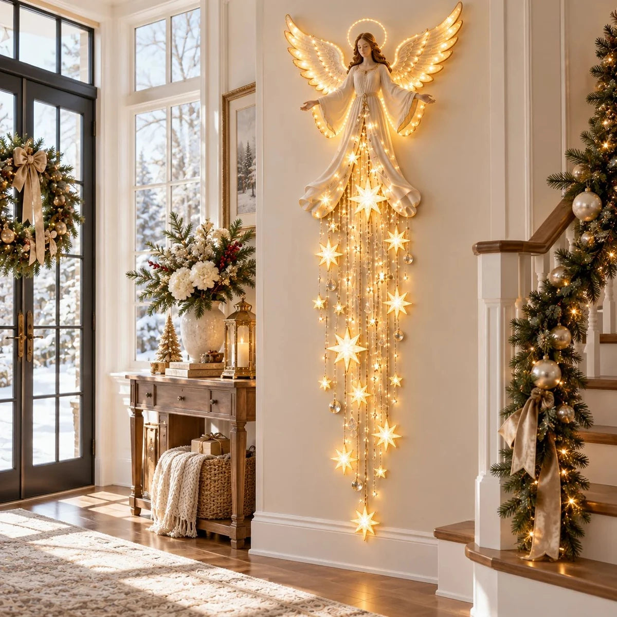Angel Blessing with open arms, raised wings and hanging stars