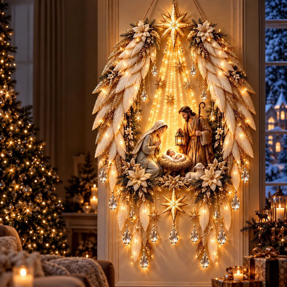 Heavenly Angel Wings Nativity Light with a feathered wing frame