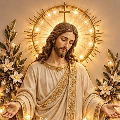 Close-up of the face and radiant halo on Light of Christ Cascade