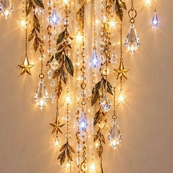 Close-up of hanging stars and faceted drops on Light of Christ Cascade